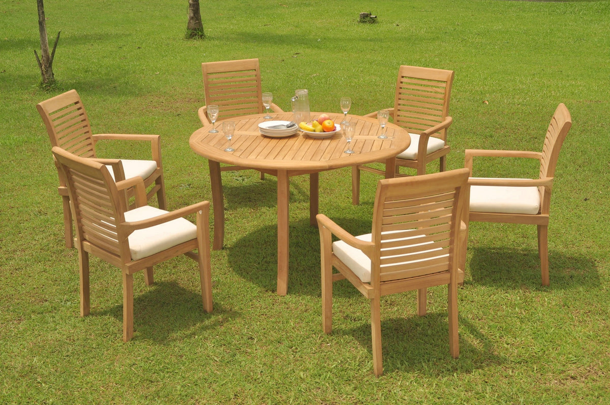 Grade-A Teak 7 Pc Outdoor Dining Set with 52" Round Table and 6 Stacking Arm Chairs C5504