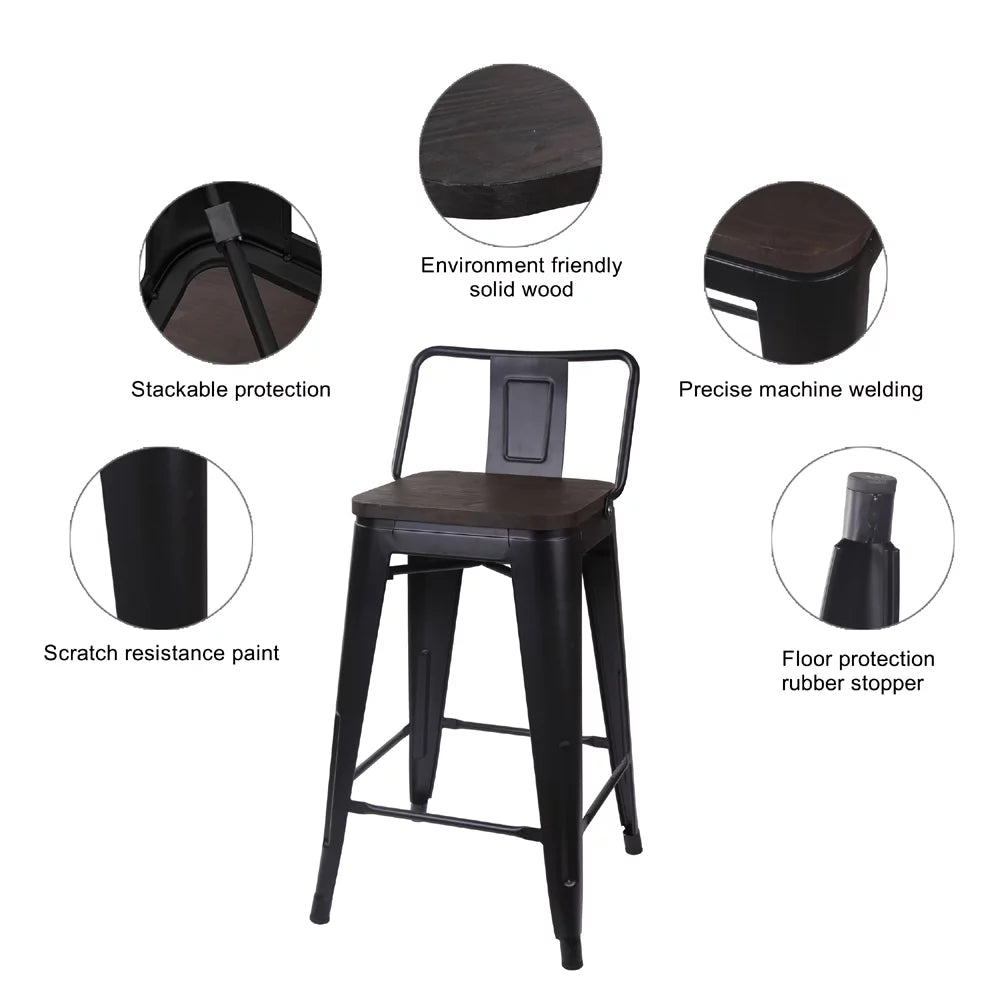 Black 24 inch Low Back Metal Barstool with Dark Wood Seat, Set of 6 U19459
