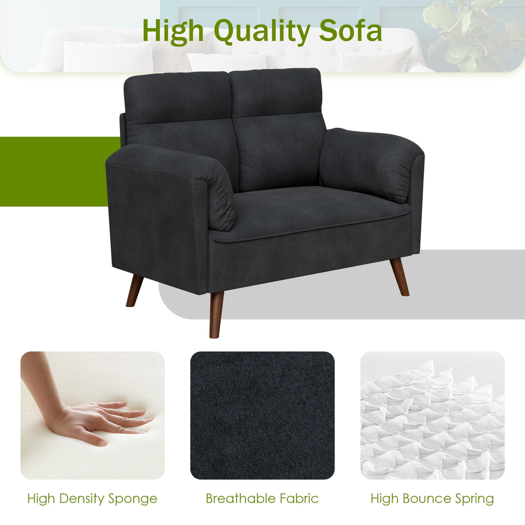 Black Upholstered 2-Seater Loveseat Sofa with Wood Legs O6649