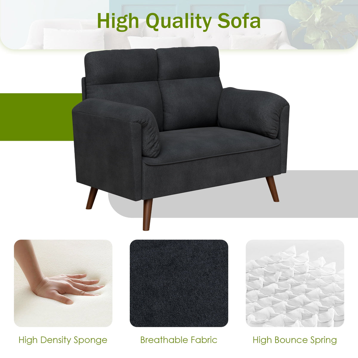 Black Upholstered 2-Seater Loveseat Sofa with Wood Legs O6649