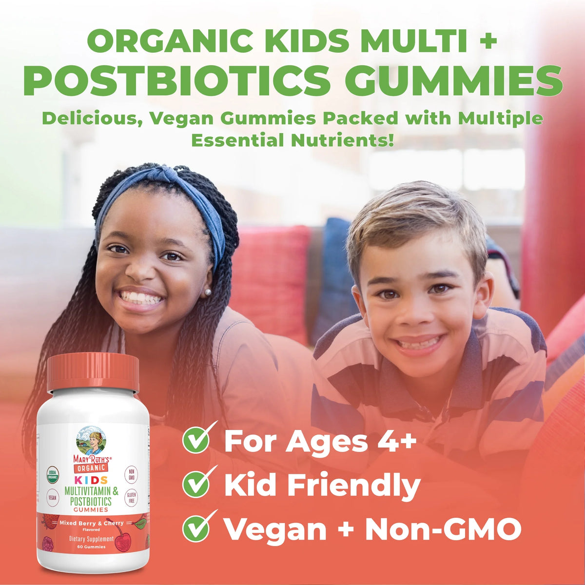 Organic Kids Multivitamin Gummies with Postbiotics, 60 Count L95000