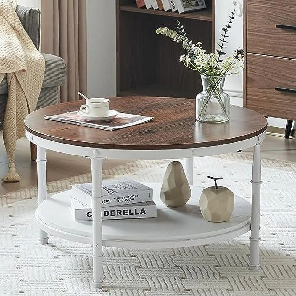 31.5" Rustic Oak White Round 2-Tier Wood Coffee Table A689