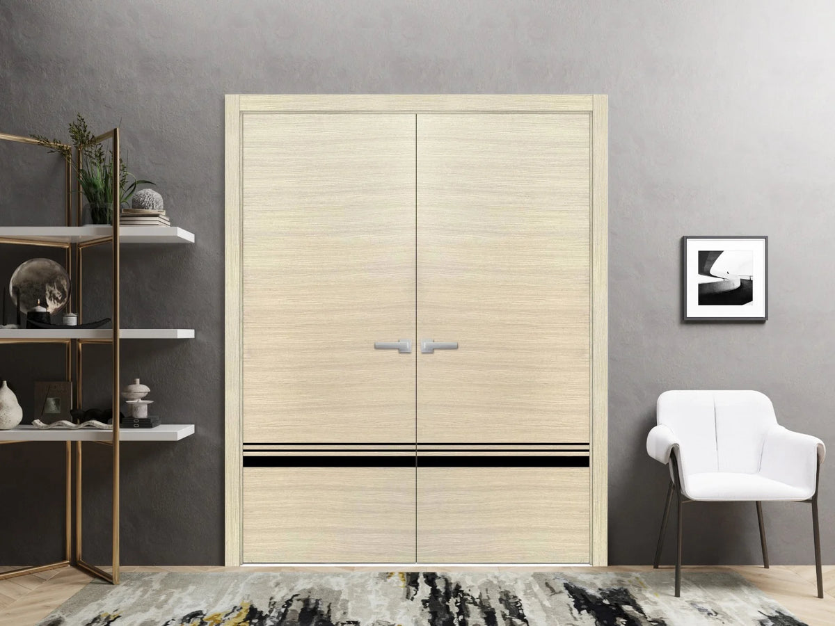 Solid French Double Doors 48 x 84 inches Natural Veneer with Frosted Glass Wood Solid Panel Frame Trims M394