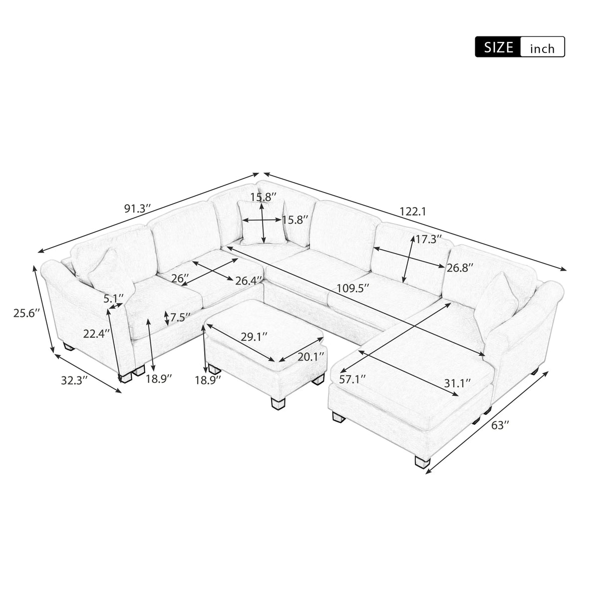 White Velvet Sectional Sofa with Ottoman M157296