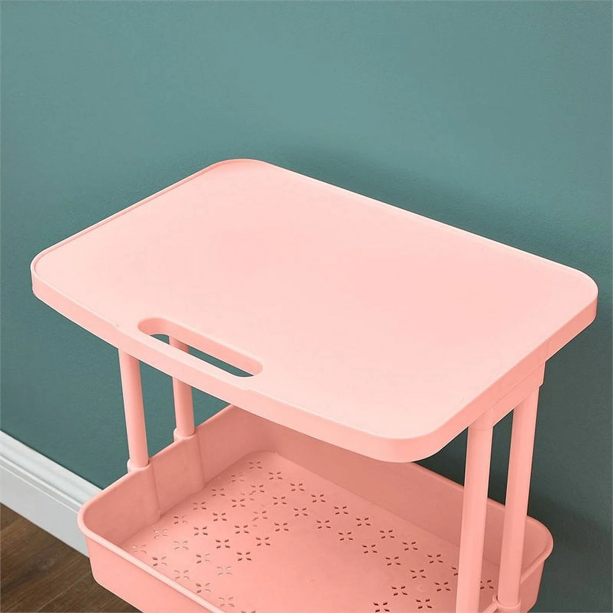 2-Tier Storage Trolley Rolling Cart Organizer with Table Top Pink R152238