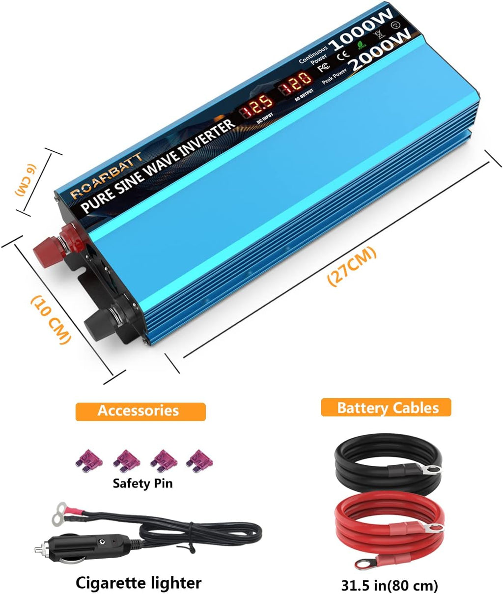 Pure Sine Wave Power Inverter 1000W DC 12V to AC 110V 2 AC Outlets 3.4A USB D67844