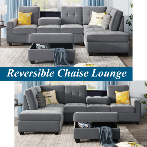 3 Piece Microfiber Sectional Sofa with Reversible Chaise Lounge Storage Ottoman and Cup Holders A60952