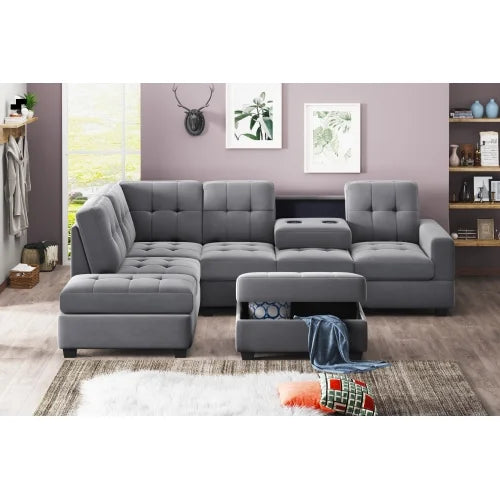 3 Piece Microfiber Sectional Sofa with Reversible Chaise Lounge Storage Ottoman and Cup Holders A60952